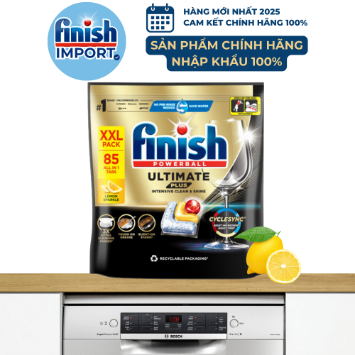 Túi 85 viên Finish Ultimate Plus 2024 hương chanh, chuẩn châu Âu, siêu cao cấp, 16 tính năng/viên, dùng cho máy rửa chén 13-15 bộ